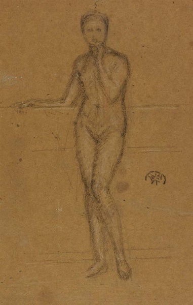 A nude with her right arm resting along a rail, chalk, 1871/1874, GLAHA 46042 A nude with her right arm resting along a rail, chalk, 1871/1874, GLAHA 46042